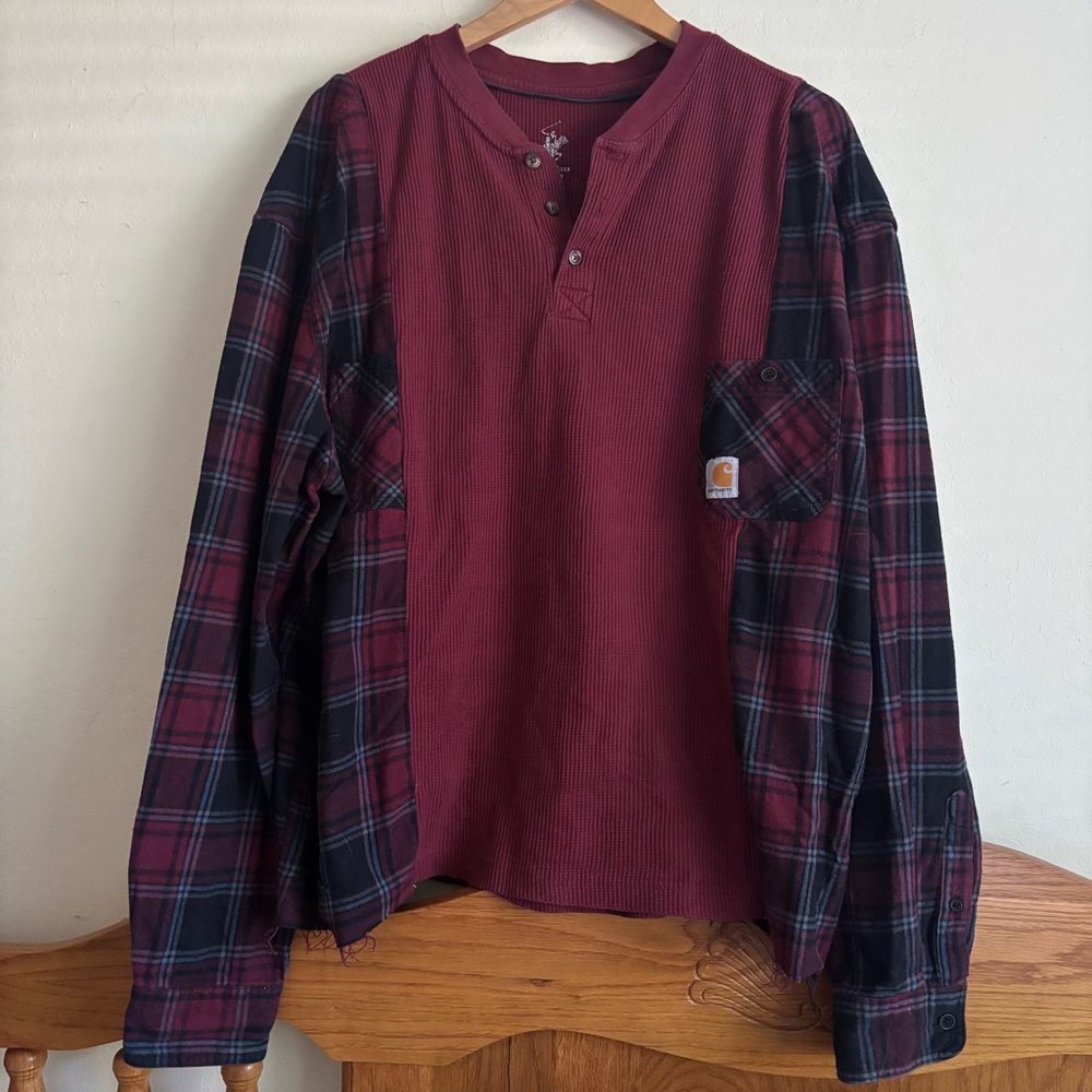 Stone & Willow Co. Carhartt Maroon Henley with Plaid Sleeves Flannel Rework